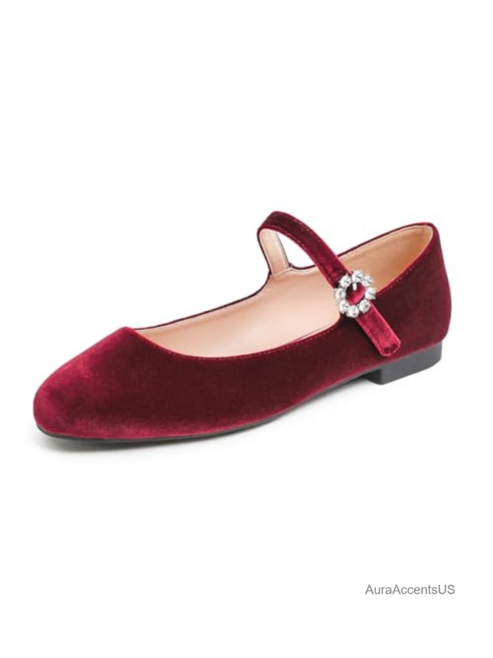 Mary Jane Square Toe Buckle Slip On Flats Rhinestone Comfort Walking Shoes